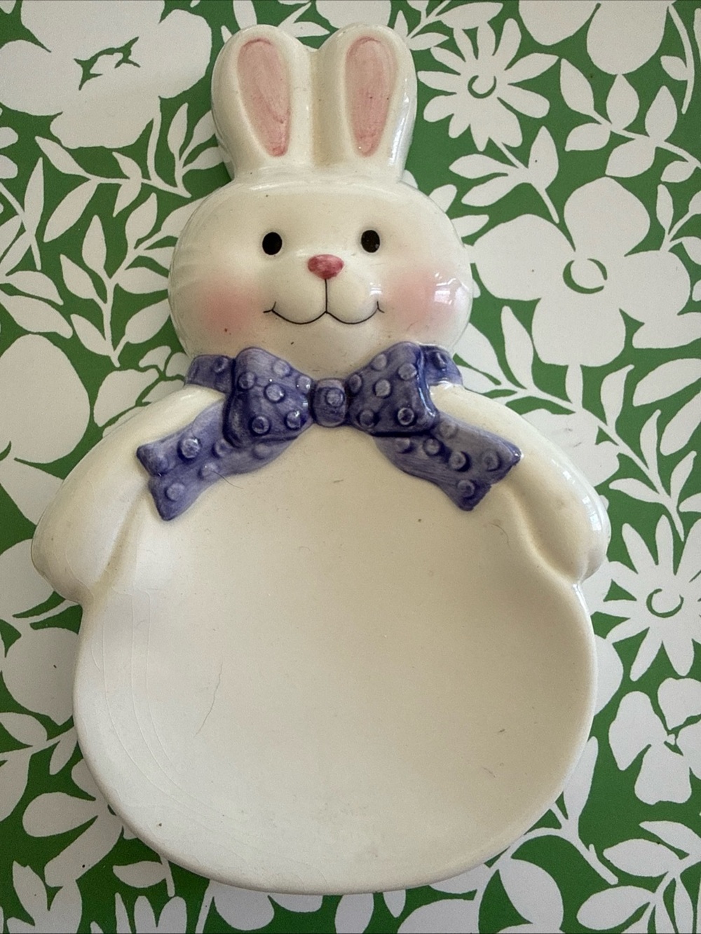 Vintage Hallmark Ceramic Bunny Dish with Purple Bow